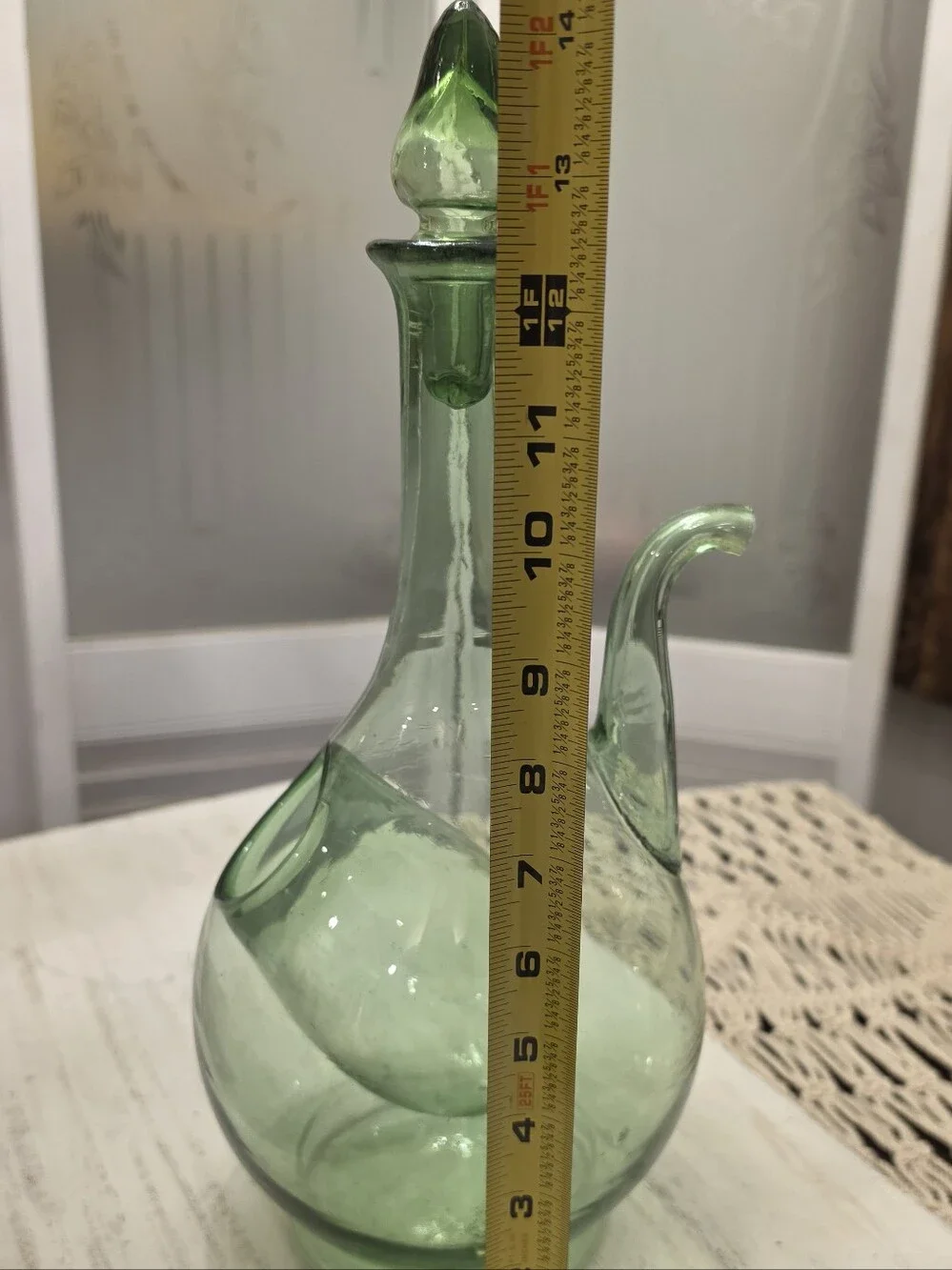 Vtg Italian Green Glass Wine Decanter Ice Chamber Chiller Spout MCM Stopper 14”